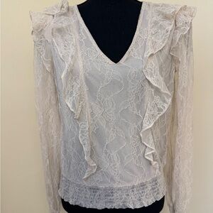 Express Cream Lace Ruffle V-Neck Blouse